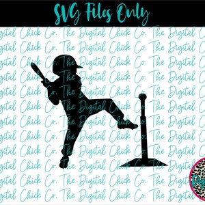May include: Black silhouette of a baseball player in a batting stance, holding a bat and facing a tee. The background is a repeating pattern of the text "The Digital Chick Co."