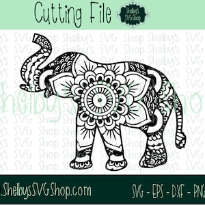 May include: Black and white mandala elephant silhouette. The elephant's body is filled with intricate mandala designs.