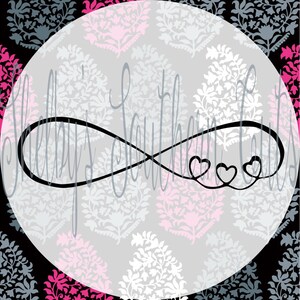 May include: Black infinity symbol with two pink hearts inside, on a white background with a black and white floral pattern.