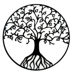 May include: Black and white silhouette of a tree of life with intricate branches and roots. The tree is stylized with heart-shaped leaves and a circular frame.