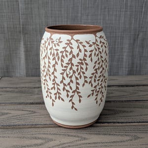 White Ceramic Stoneware Vase Carved With Leaves and Vines