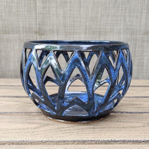 Carved Blue Stoneware Bowl With Geometric Pattern