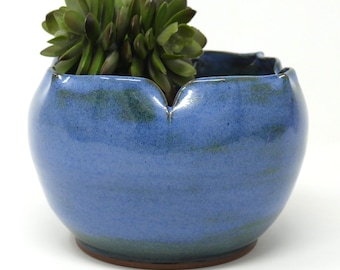 Handmade Blue Ceramic Succulent Planter With Drainage Hole
