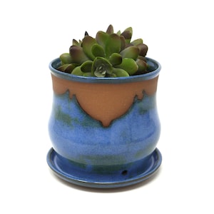 Handmade Unique Blue Ceramic Planter With Drainage Basin