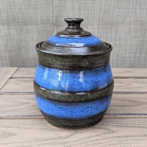 Handmade Brown and Blue Lidded Ceramic Jar