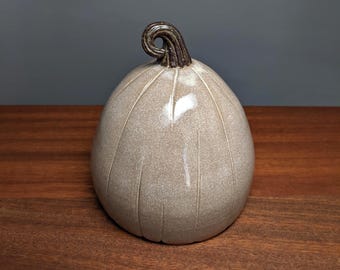 Peut inclure: Une citrouille en céramique avec un glaçage gris clair et des rainures verticales. La tige est brun foncé et recourbée. La citrouille est exposée sur une surface en bois.