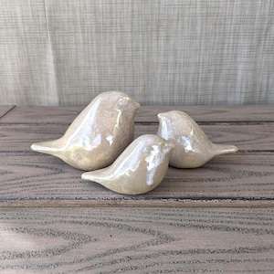 May include: Three ceramic bird figurines in varying sizes. The birds are a creamy beige color with a glossy finish. They are arranged on a wooden surface, with a neutral-colored fabric backdrop. The birds have a simple, rounded design.