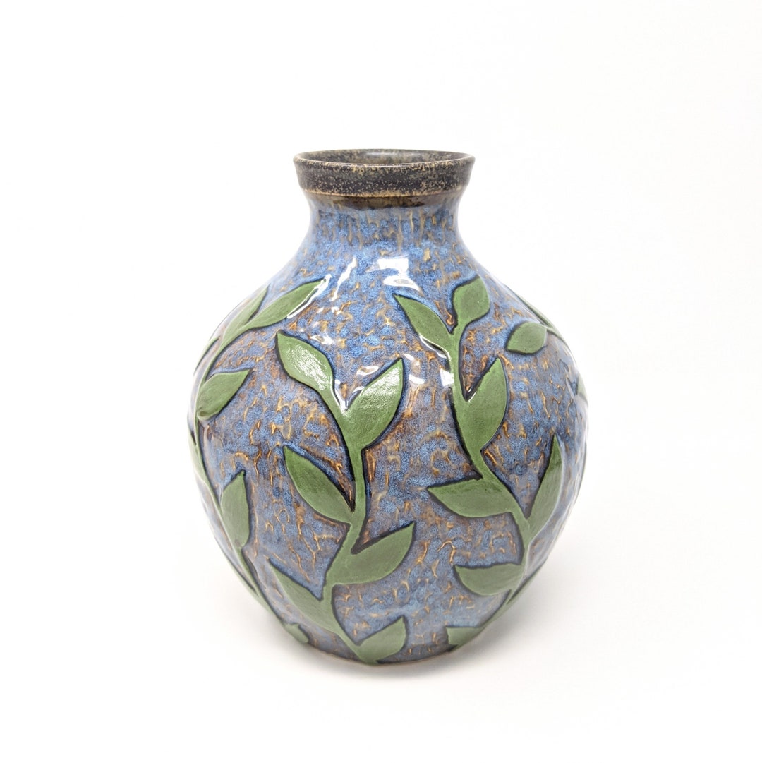 Carved Blue and Green Ceramic Flower Vase With Vine Design - Etsy