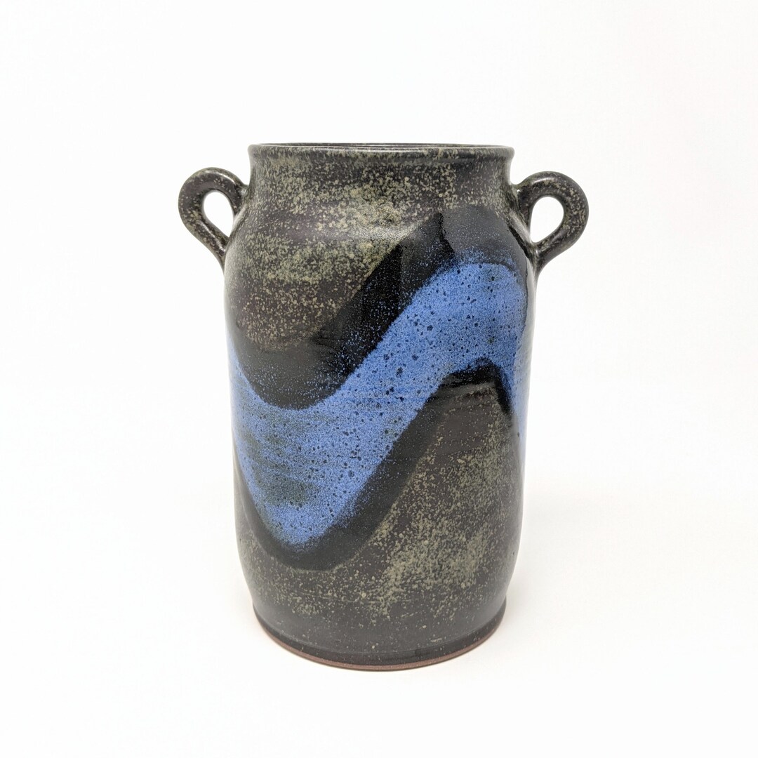 Wheel Thrown Ceramic Vase With Handles – Handmade Brown and Blue ...