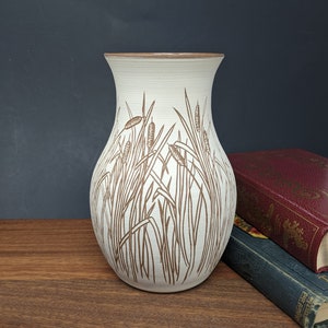 White Ceramic Stoneware Vase With Cattail Sgraffito Carved Design