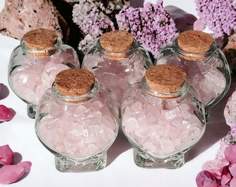 Rose Quartz chips in a Glass Heart Bottle - Bridesmaid gifts - Wedding favors - Party Favors