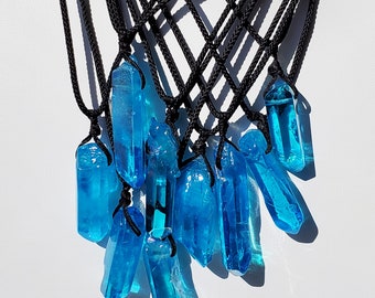 Blue Aqua Aura Crystal Point Necklace - adjustable - handmade