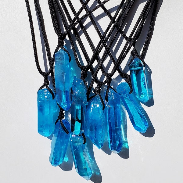 Blue Aqua Aura Crystal Point Necklace - adjustable - handmade