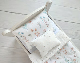 Juego de ropa de cama para muñecas - juego de ropa de cama para cochecito de muñeca - ropa de cama para cuna de muñeca - ropa de cama para cuna de muñeca - ropa de cama con estampado floral