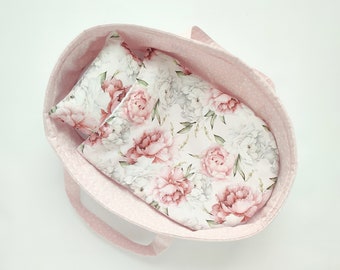 Porte-bébé pour poupée, panier pour poupée, lit de poupée, lit pour poupée, cadeau d'anniversaire pour fille, literie pour poupée pivoine, porte-poupée