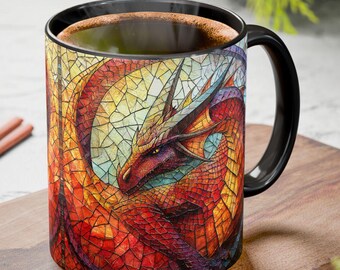 Fire Dragon Stained Glass Coffee Mug, Dragon Gift, Fantasy Red Dragon Cup, Mythical Creature Mug, Dragon Lover Gift, 11oz 15oz Ceramic Mug