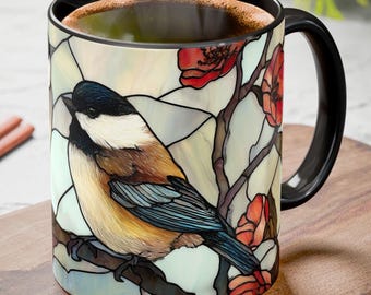 Mug en verre teinté mésanges, tasse à café 11 oz et 15 oz, cadeau pour les amoureux des oiseaux de la nature, tasse à café deux oiseaux mésanges, cadeau d'art de tasse de thé d'observateur d'oiseaux