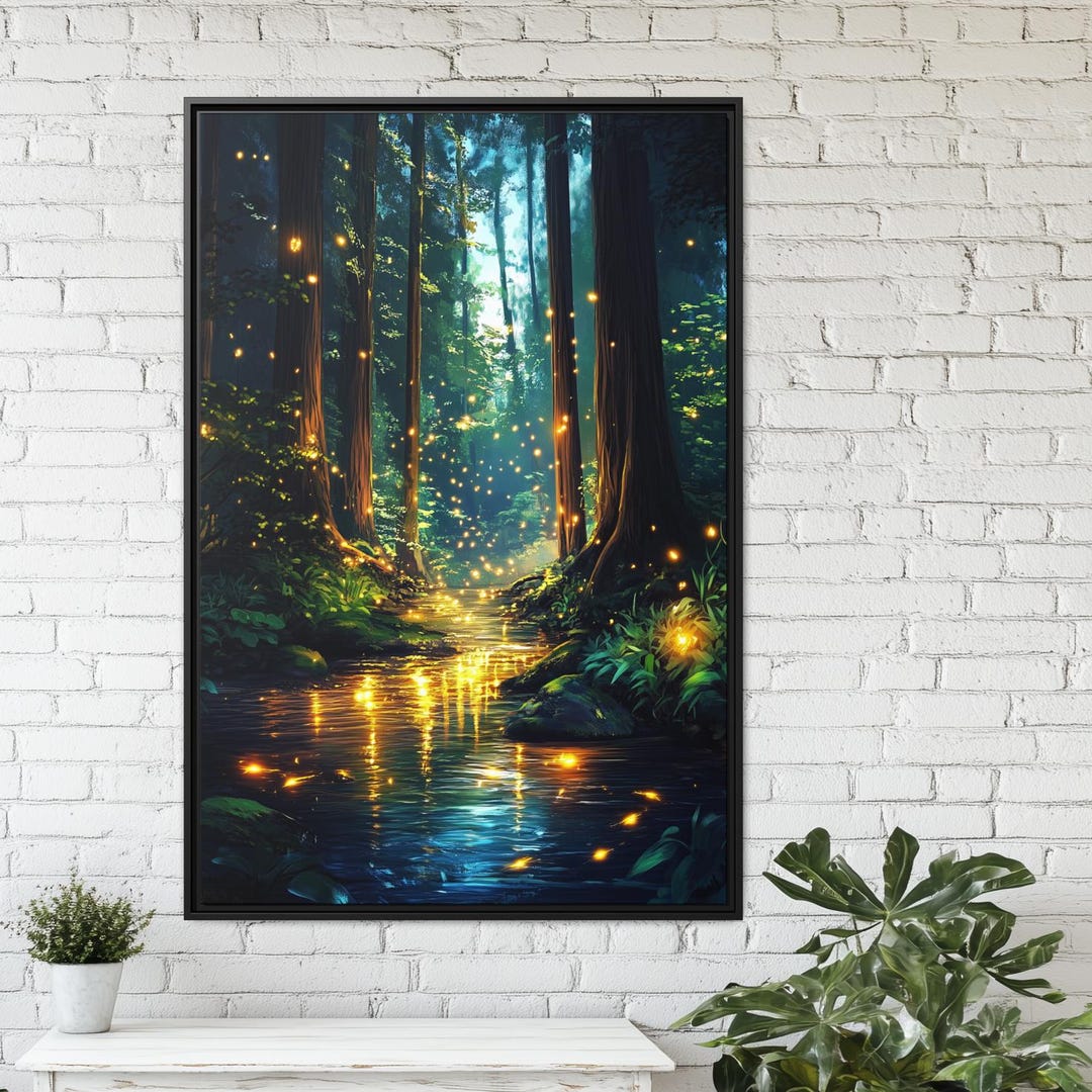Magical Enchanted Firefly Forest Wall Art Fantasy Artful Framed Canvas ...
