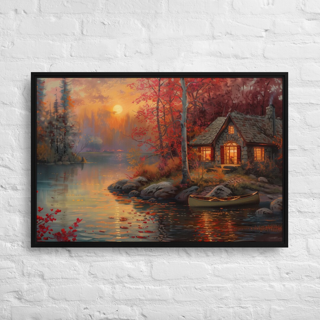 Rustic Cabin in Woods Wall Decor With Canoe in Lake at Sunset in Autumn