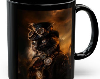 May include: A black ceramic mug with a steampunk cat wearing goggles and a top hat. The cat is surrounded by a smoky, orange background.