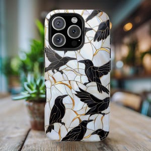 Ravens Stained Glass Phone Case iPhone Galaxy Pixel Crow Art Gift Bird Lovers Gift Witchy Gothic Dark Academia Phone Cover Raven Lovers Gift