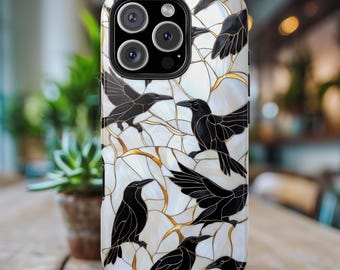 Ravens Stained Glass Phone Case iPhone 17 16 Pro Galaxy S26 S25 Plus Pixel Crow Witchy Gothic Dark Academia Phone Cover Raven Lovers Gift