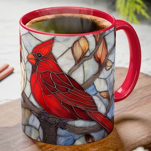 Cardinals Stained Glass Mug - 11oz & 15oz - Male and Female Cardinal - Nature Coffee Mug - Red Birds Tea Cup Art - Bird Lovers Gift