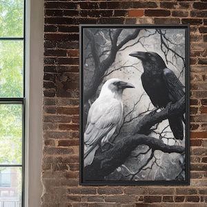 Black and White Raven Wall Art – Gothic Crow Print | Albino Raven Witchy Decor | Dark Forest Fantasy Poster Dark Academia Raven Lovers Gift