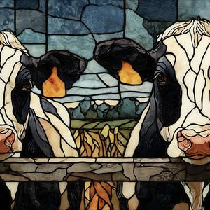 Puede incluir: Una obra de arte en vidriera que representa tres vacas detr&aacute;s de una valla de madera. Las vacas tienen marcas en blanco y negro, con etiquetas para las orejas de color canela y narices rosas. El fondo presenta un cielo azul y campos verdes.