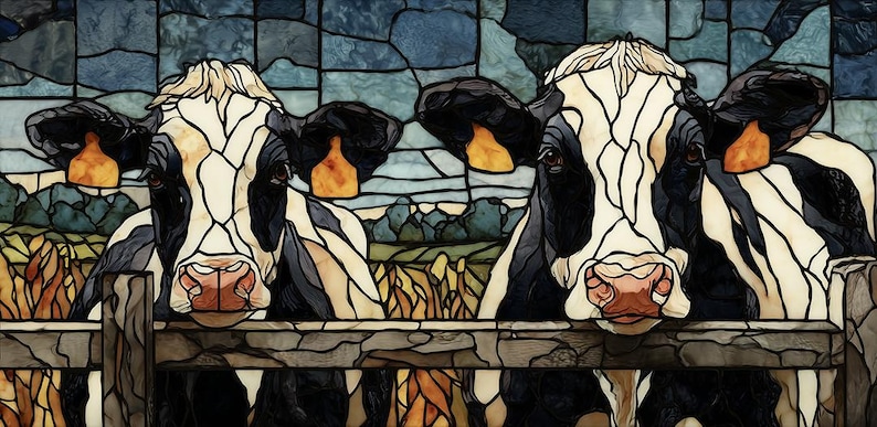 Puede incluir: Una obra de arte en vidriera que representa tres vacas detr&aacute;s de una valla de madera. Las vacas tienen marcas en blanco y negro, con etiquetas para las orejas de color canela y narices rosas. El fondo presenta un cielo azul y campos verdes.