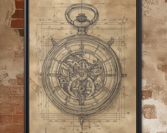 Steampunk Pocket Watch Blueprint Wall Art – Vintage Gear Clockwork Print – Industrial Wall Decor – Horology Framed or Unframed Canvas Poster