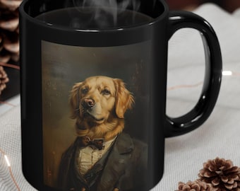 May include: Black ceramic mug featuring a portrait of a Golden Retriever dog dressed in a suit and bow tie. The dog is depicted in a classic, vintage style, with steam rising from the mug.