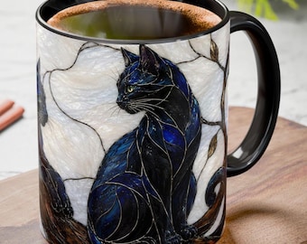 Black Cat Coffee Mug - Stained Glass Cat Mug - Cat Lover Gift - Two Cats Coffee Cup - Gothic Cat Tea Mug - Witchy Gift