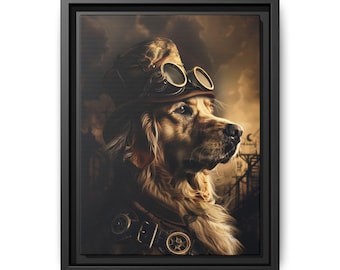 May include: A golden retriever dog wearing a steampunk-style hat and goggles. The dog is looking to the right, with a serious expression. The background is a dark, cloudy sky with a cityscape in the distance.