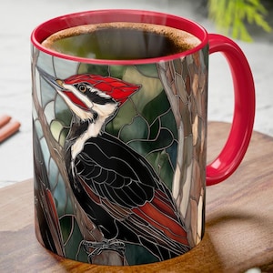 Woodpeckers Stained Glass Mug Coffee Cup 11oz & 15oz, Bird Lovers Gift, Pileated Woodpecker Coffee Mug, Bird Tea Cup Art Gift