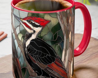 Taza de café de vitral con diseño de pájaros carpinteros, 325 ml y 445 ml, regalo para amantes de las aves, taza de café con pájaro carpintero pileado, taza de té artística con diseño de aves