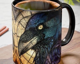 Raven Stained Glass Coffee Mug - Gothic Bird Mug Dark Art Mug - Crow Cup - Dark Academia Drinkware Witch Gift Gothic Decor Bird Lover Gift