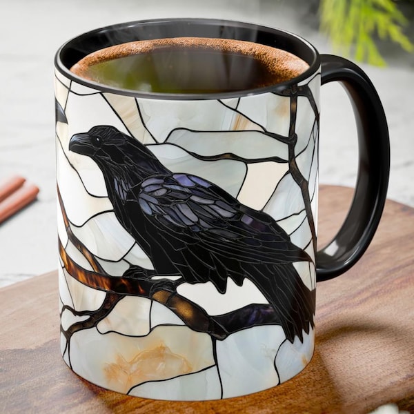Ravens Stained Glass Mug Coffee Cup 11oz & 15oz Crow Art Gift, Bird Lovers Gift, Witchy Gothic Dark Academia Coffee Mug, Raven Lovers Gift