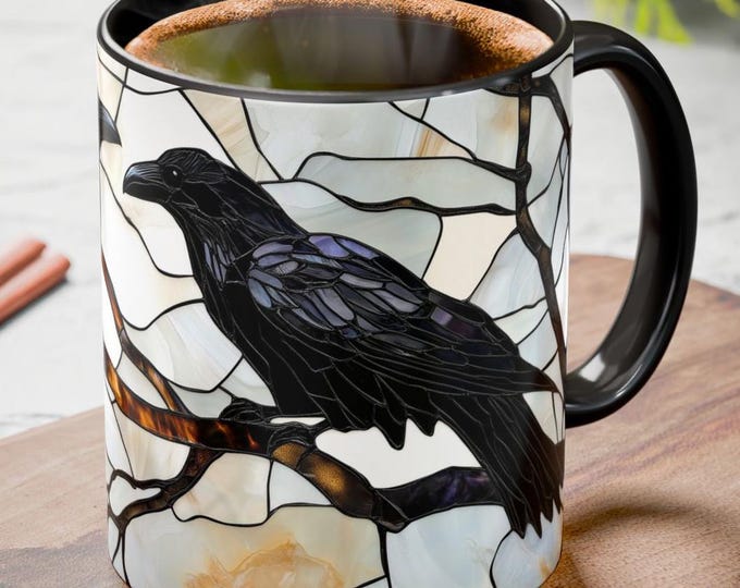 Ravens Stained Glass Mug Coffee Cup 11oz & 15oz Crow Art Gift, Bird Lovers Gift, Witchy Gothic Dark Academia Coffee Mug, Raven Lovers Gift