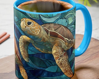 Sea Turtle Stained Glass Mug – 11oz & 15oz - Ocean Wildlife Coffee Cup – Colorful Marine Life Art – Beach Lover Nature Gift