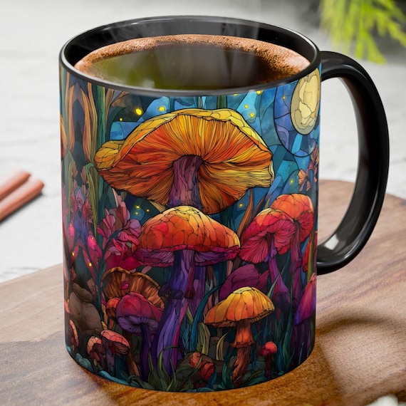 Colorful Mushroom Coffee Mug - 11oz & 15oz – Fantasy Firefly Forest Full Moon Mug, Cottagecore Fungi Art Cup, Mushroom Gift, Boho Nature Mug