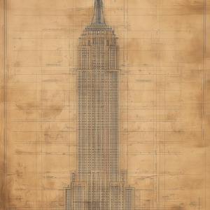 May include: Architectural blueprint of the Empire State Building, rendered in black lines on a sepia-toned background. The detailed drawing showcases the building's structure, including its spire and grid lines.