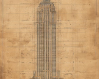Empire State Building Blueprint Art Print – Vintage Architecture Drawing Wall Art – NYC Skyscraper Poster – Engineering Illustration