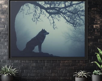 Arte de pared de Lobo Solitario y Melancólico - Imagen decorativa de Dark Academia - Decoración de hogar de brujas - Impresión de lienzo enmarcado con lobos góticos - Regalo para amantes de los perros