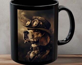 May include: A black ceramic mug with a steampunk-style illustration of a dog wearing goggles and a top hat. The dog is brown and white with a dark background.