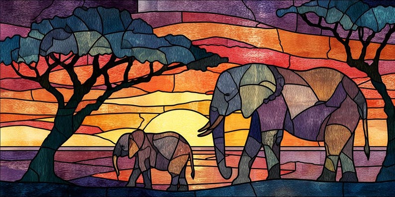 Puede incluir: Obra de arte en vidriera que representa una escena de atardecer africano con dos elefantes y &aacute;rboles. Los elefantes son de tonos morados, azules y marrones. El cielo transita del naranja al amarillo y al morado.