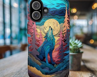 Wolf Phone Case - Faux 3D Art - Forest Wolf Howling Full Moon Phone Cover - Wolf Lover Gift - iPhone 17 16 15 Galaxy S26 Pixel 9 Phone Case