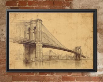 Brooklyn Bridge Vintage Wall Art, Antique NYC Architectural Sketch Print, New York City Wall Decor, Framed Canvas or Unframed Print Poster