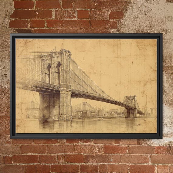 Brooklyn Bridge Vintage Wall Art, Antique NYC Architectural Sketch Print, New York City Wall Decor, Framed Canvas or Unframed Print Poster