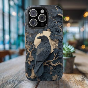 Raven MagSafe iPhone Case - Faux 3D Art - Crow in Forest Full Moon Phone Cover - Raven Lover Gift - Witchy Gothic Dark Aesthetic Phone Case